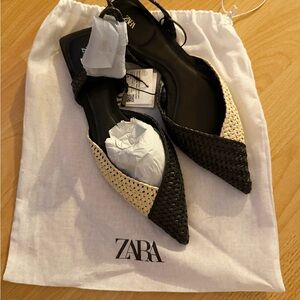 NWT Zara Black & Natural Woven Pointed Slingback Flats